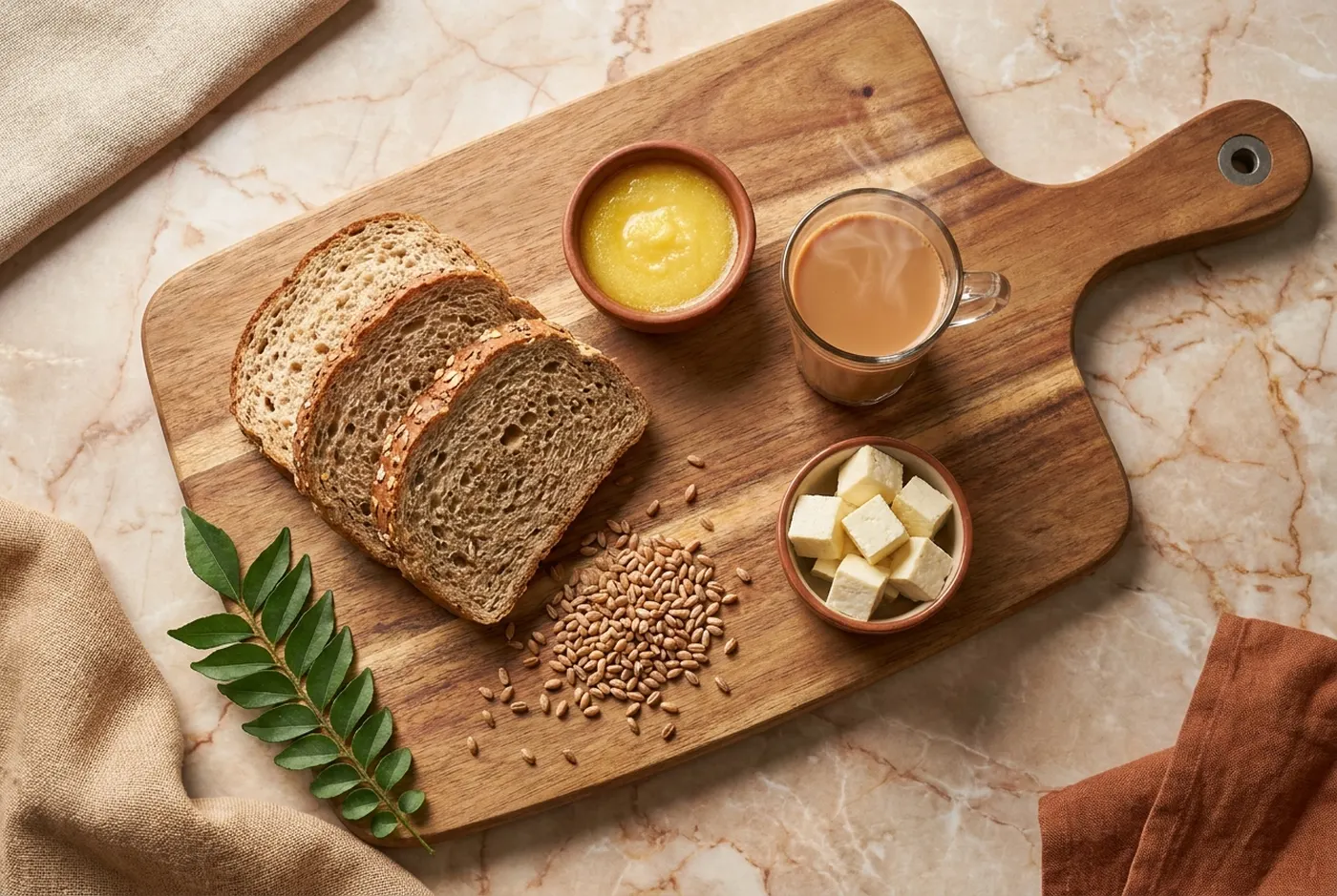 Indian breakfast spread: sliced bread, butter, eggs, masala chai